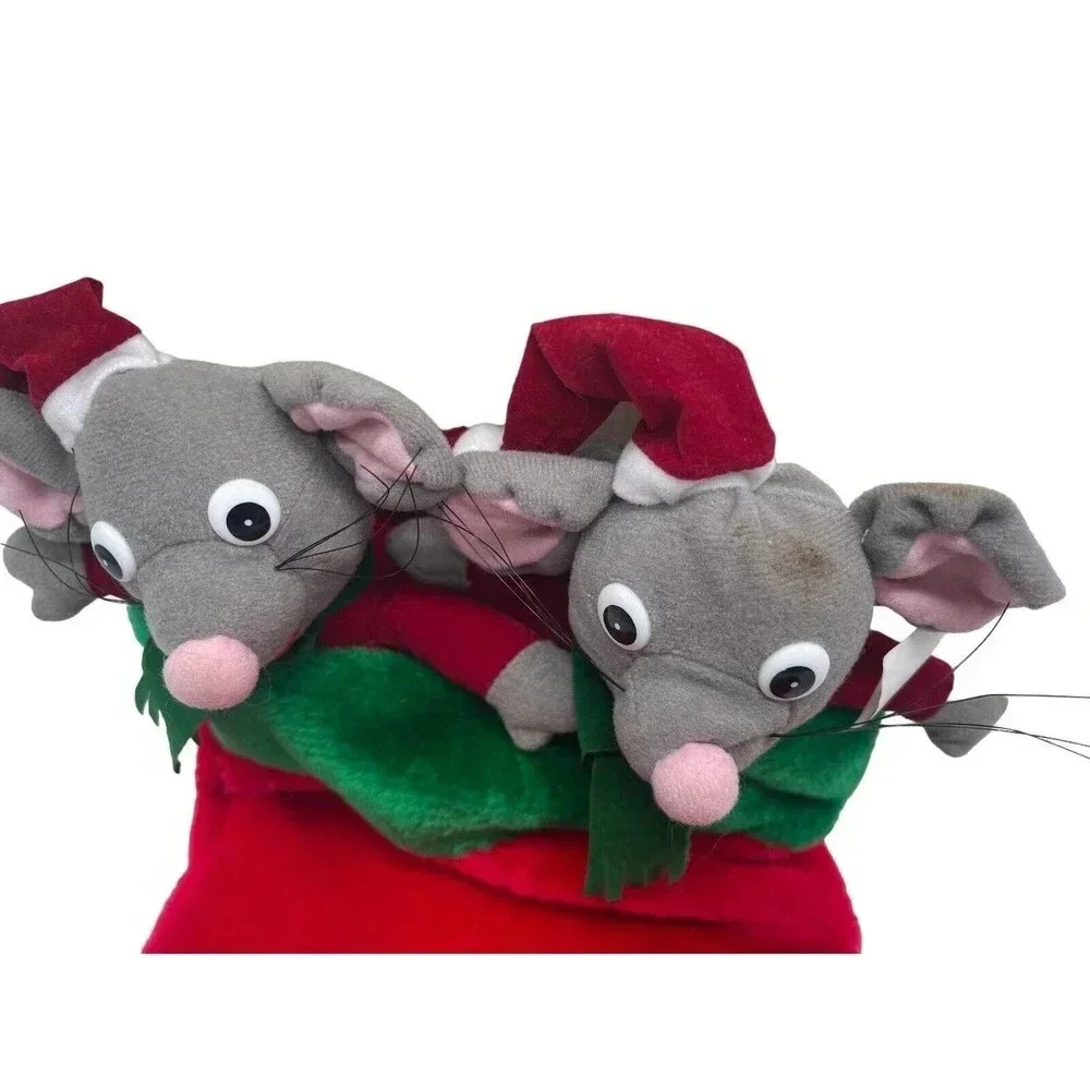 Vintage 80s 90s Plush Twin Mice Christmas Stocking Mouse Holiday